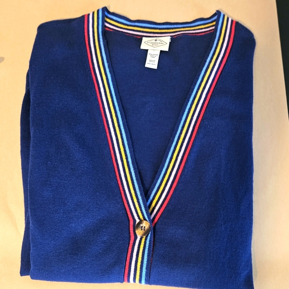 NWT St John's Bay Navy Dad Cardigan with Rainbow Striped Trim - Sz L 100% Cotton - Picture 3 of 9